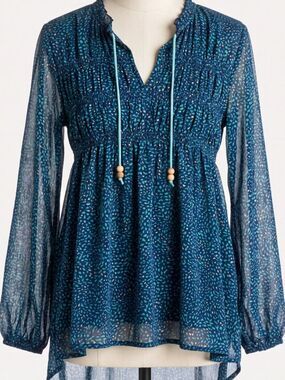 Roxy Teal Blue Sheer Smocked Boho Tunic Blouse High Low Top Small